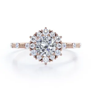 1.2 carat Round cut Moissanite and diamond Milgrain and halo engagement ring for women in rose gold