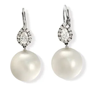 12 Mm White South Sea Pearl & Pear-shape Cluster Diamond Drop Earrings In 18k Gold
