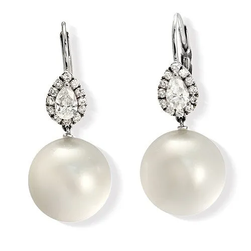 12 Mm White South Sea Pearl & Pear-shape Cluster Diamond Drop Earrings In 18k Gold