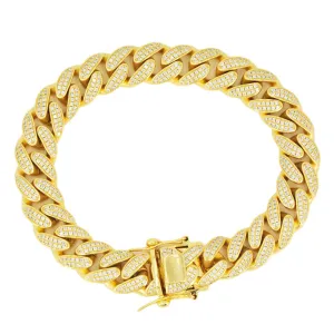 12mm Silver and CZ Solid Cuban Bracelet 8.5” - Gold Plated