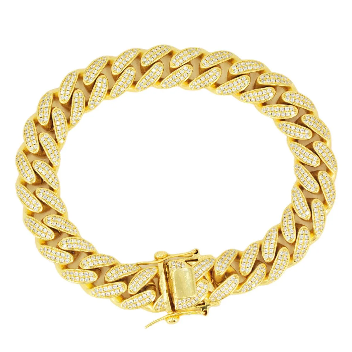 12mm Silver and CZ Solid Cuban Bracelet 8.5” - Gold Plated