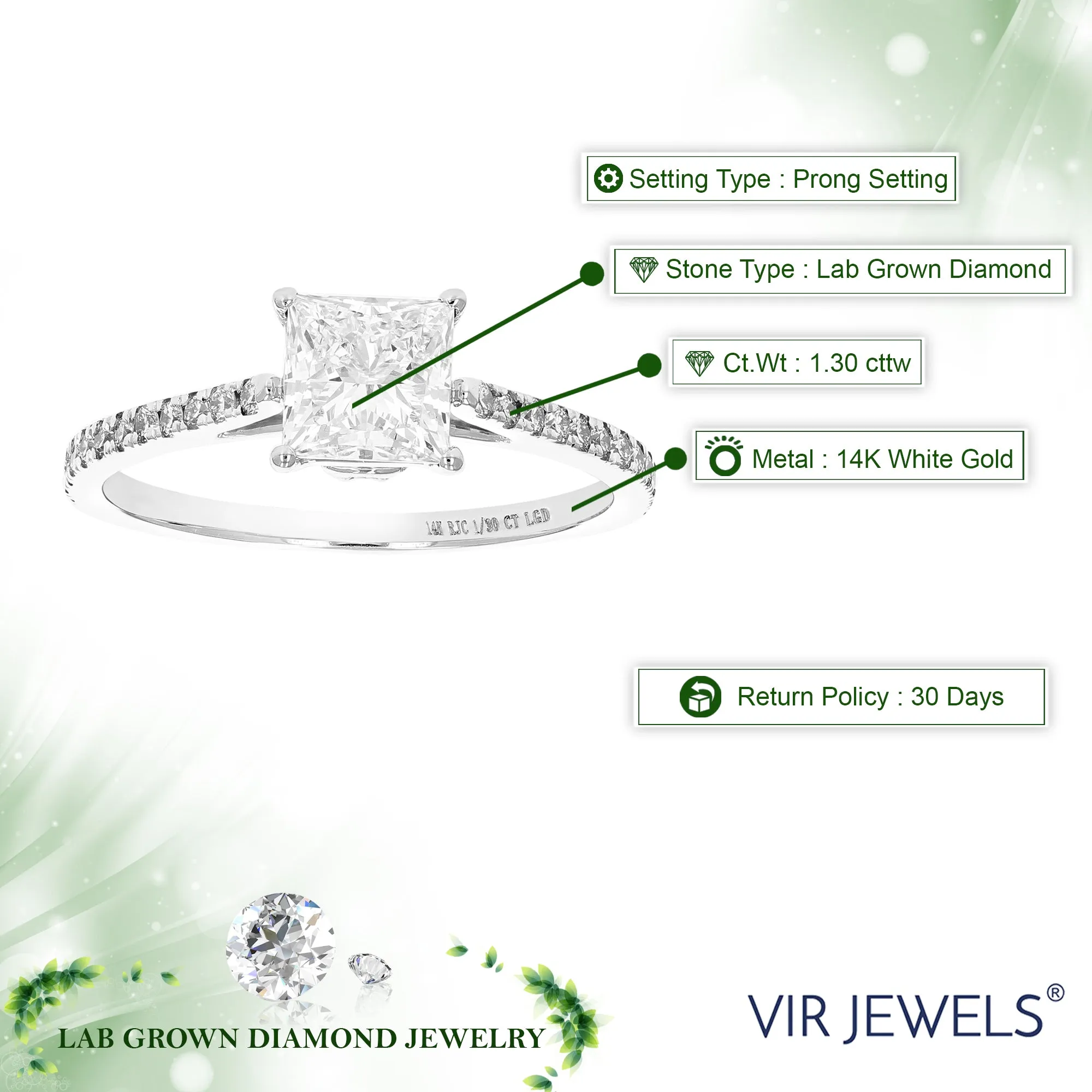1.30 cttw Lab Grown Princess Diamond Wedding Ring 14K White Gold