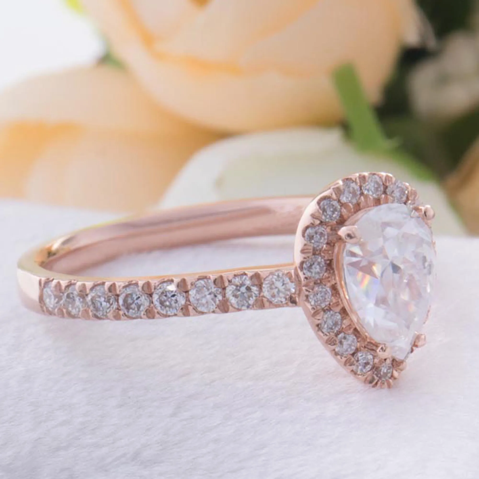 14 k Rose Gold Pear Engagement Ring With Halo Setting