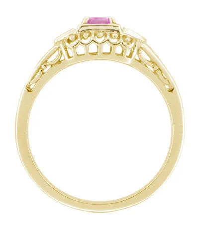 14 Karat Yellow Gold Art Deco Low Dome Filigree Pink Sapphire and Diamond Engagement Ring