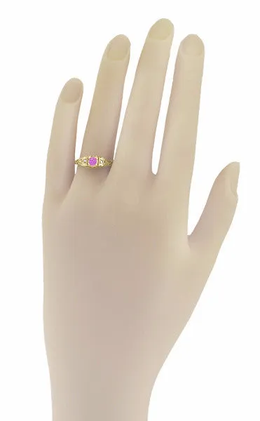 14 Karat Yellow Gold Art Deco Low Dome Filigree Pink Sapphire and Diamond Engagement Ring