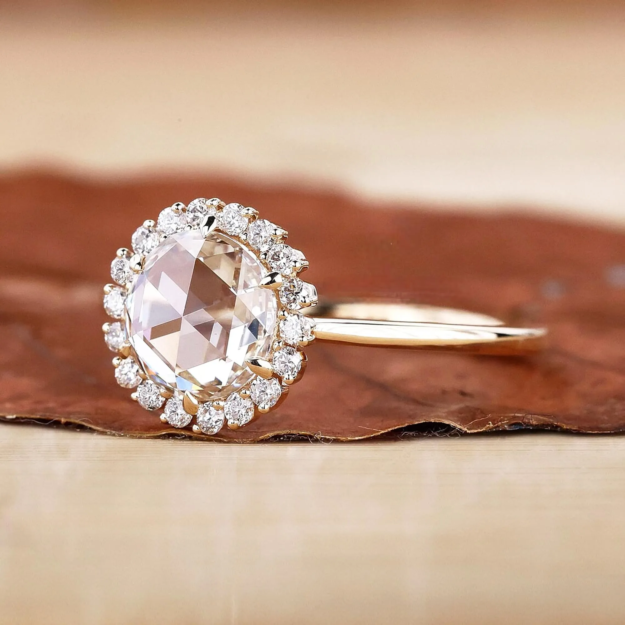 14k Boho Engagement Ring Yellow Gold With Rose Cut Moissanite