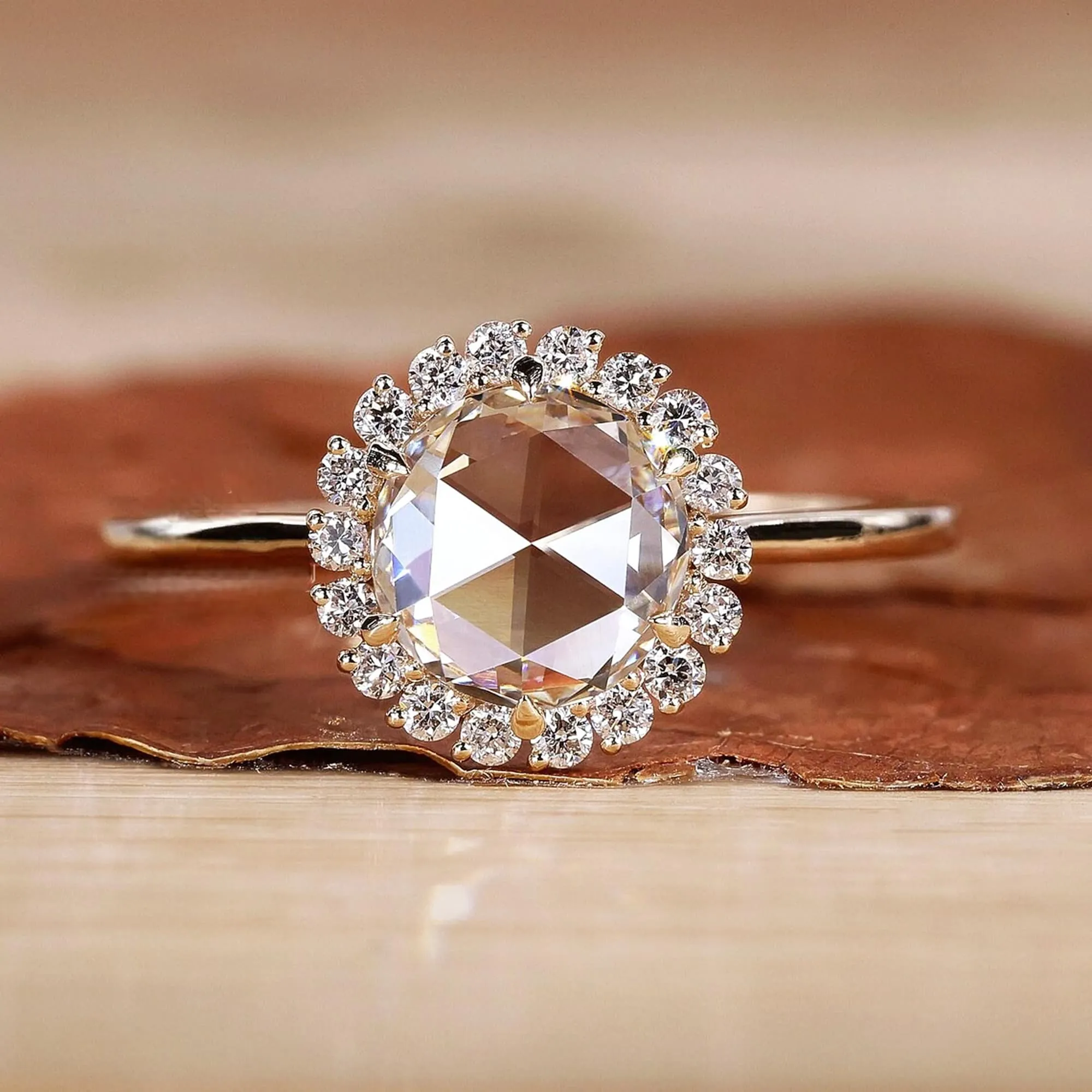 14k Boho Engagement Ring Yellow Gold With Rose Cut Moissanite