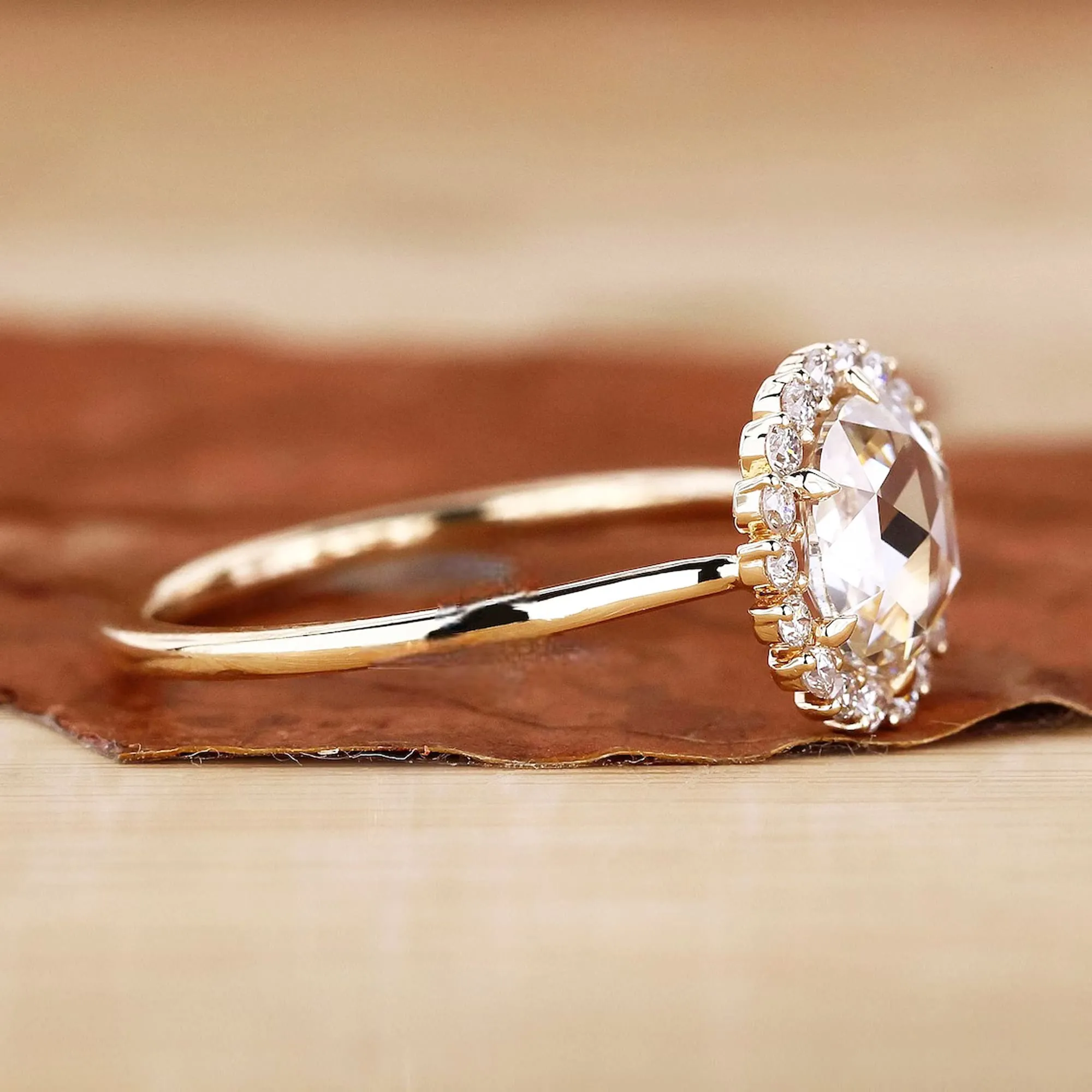 14k Boho Engagement Ring Yellow Gold With Rose Cut Moissanite