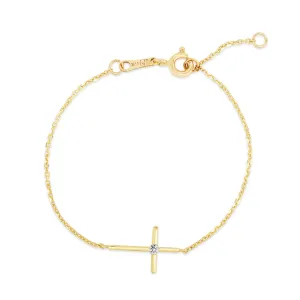 14K Gold CZ Side Cross Bracelet 5.5"