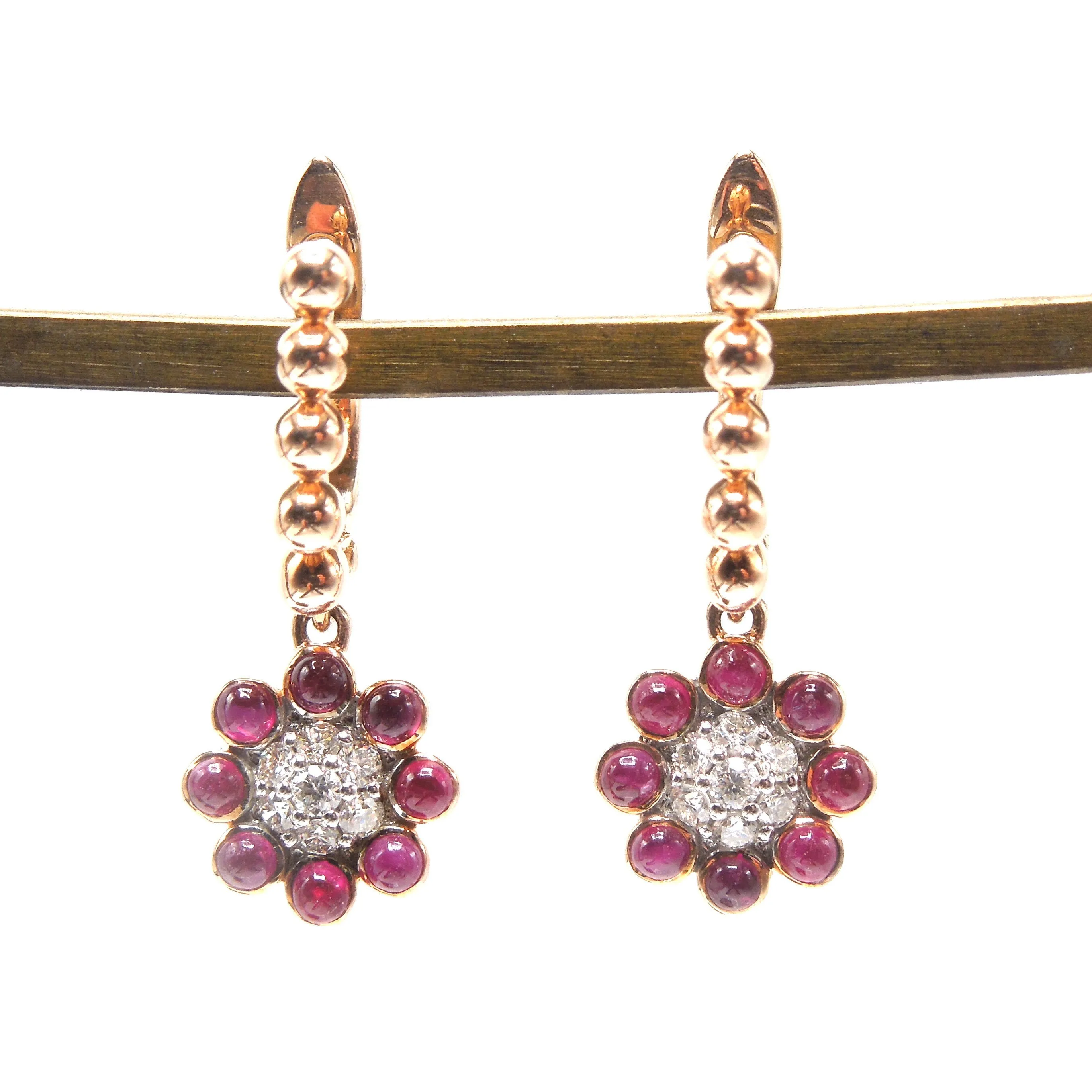 14K Rose Gold Diamond and Cabochon Ruby Flower Drop Earrings