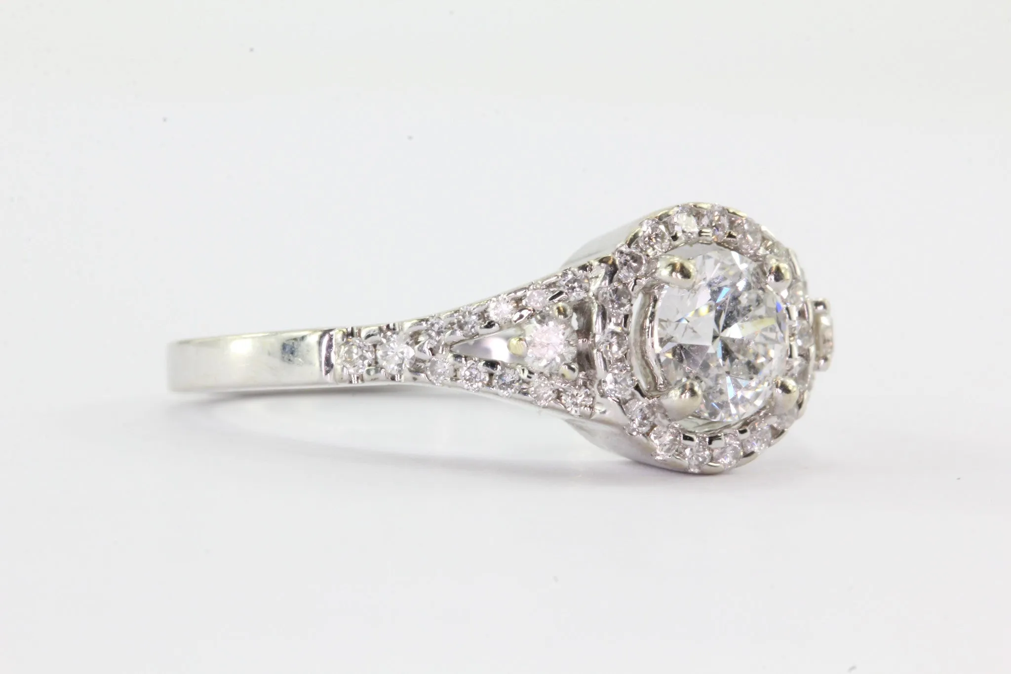 14K White Gold 1 Carat Total Diamond Halo Engagement Ring