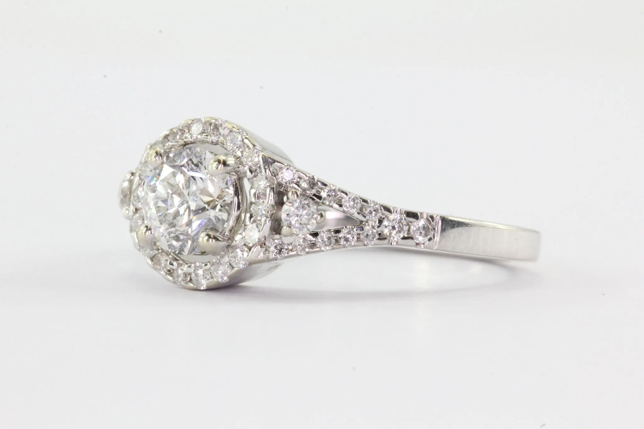 14K White Gold 1 Carat Total Diamond Halo Engagement Ring