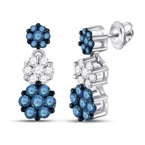 14K White Gold Color Enhanced Blue Diamond Triple Cluster Dangle Earrings 2.00 Cttw
