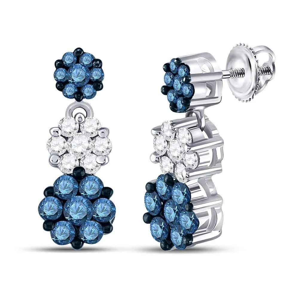 14K White Gold Color Enhanced Blue Diamond Triple Cluster Dangle Earrings 2.00 Cttw