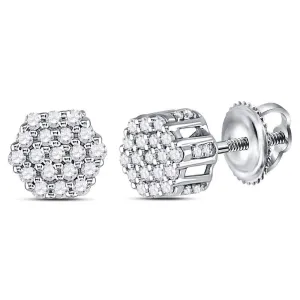 14K White Gold Mens Round Diamond Hexagon Cluster Earrings 1/4 Cttw