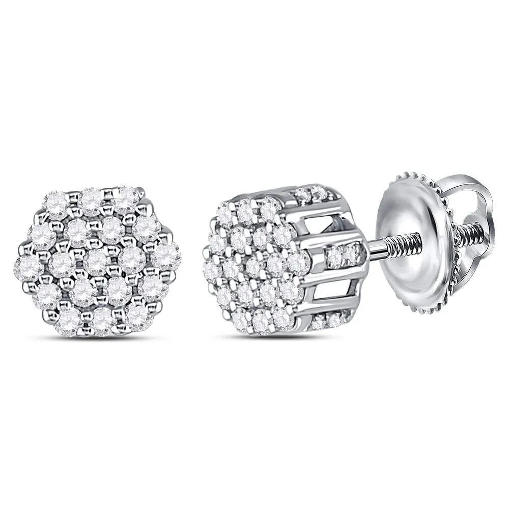 14K White Gold Mens Round Diamond Hexagon Cluster Earrings 1/4 Cttw