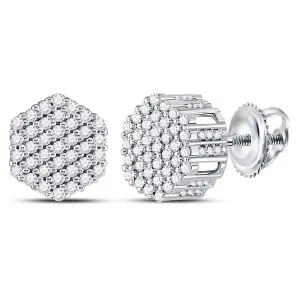 14K White Gold Mens Round Diamond Hexagon Cluster Stud Earrings 1/2 Cttw