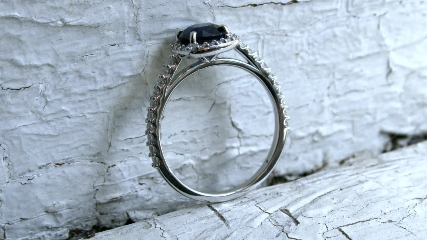 14K White Gold Pave Diamond and Sapphire Halo Ring - 1.60ct.