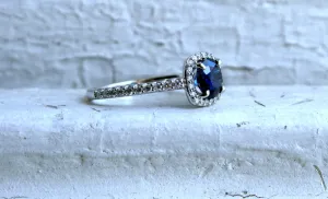 14K White Gold Pave Diamond and Sapphire Halo Ring - 1.60ct.