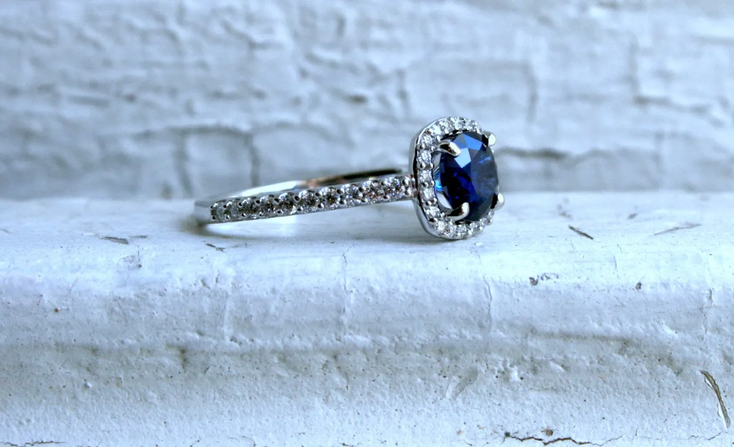 14K White Gold Pave Diamond and Sapphire Halo Ring - 1.60ct.