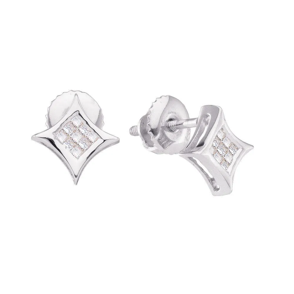14K White Gold Princess Diamond Cluster Square Kite Earrings 1/6 Cttw