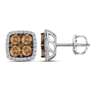 14K White Gold Round Brown Color Enhanced Diamond Square Cluster Earrings 1.00 Cttw