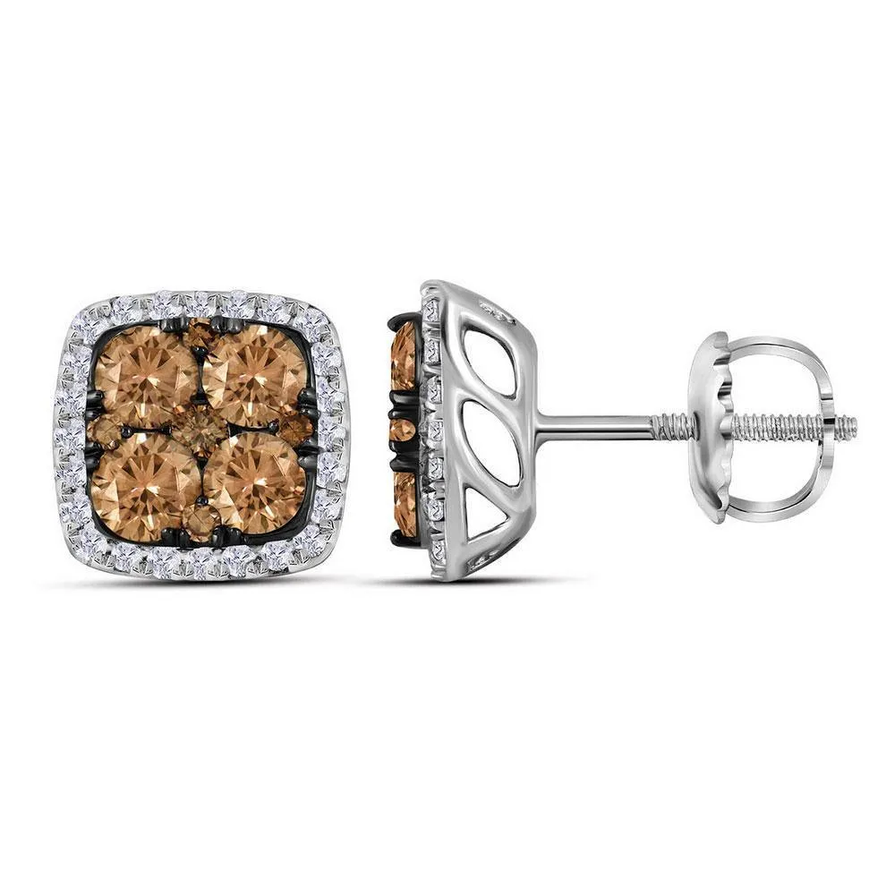 14K White Gold Round Brown Color Enhanced Diamond Square Cluster Earrings 1.00 Cttw