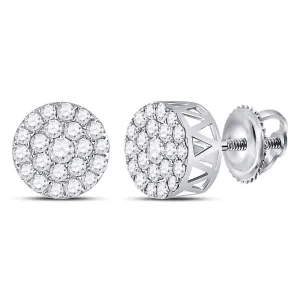 14K White Gold Round Diamond Circle Frame Cluster Earrings 1.00 Cttw