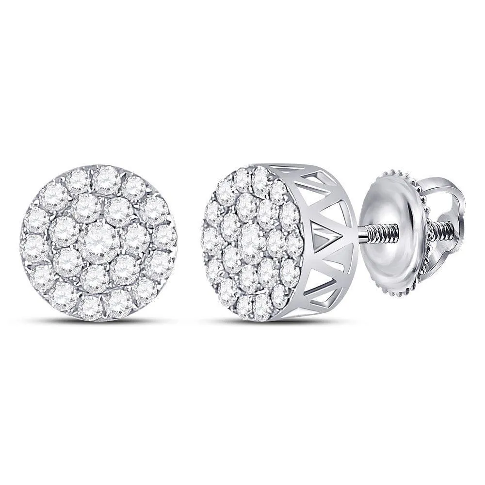 14K White Gold Round Diamond Circle Frame Cluster Earrings 1.00 Cttw