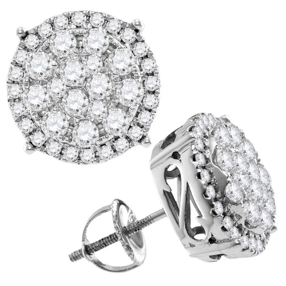 14K White Gold Round Diamond Concentric Circle Cluster Stud Earrings 2.00 Cttw