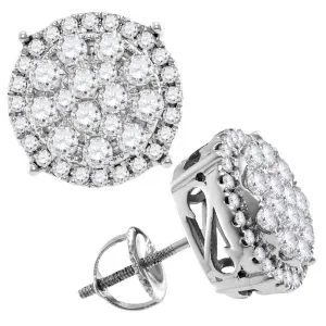14K White Gold Round Diamond Concentric Circle Cluster Stud Earrings 2.00 Cttw