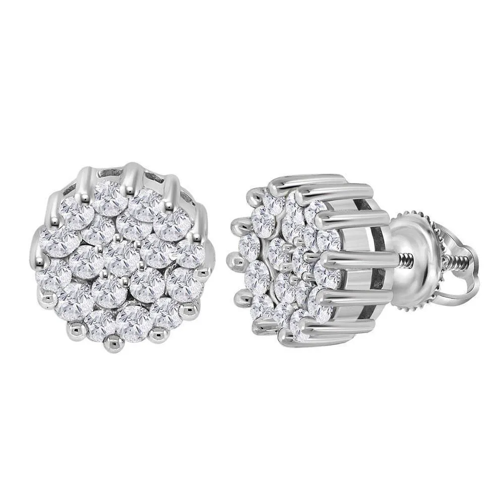 14K White Gold Round Diamond Flower Cluster Earrings 1.00 Cttw