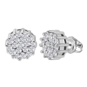 14K White Gold Round Diamond Flower Cluster Earrings 1.00 Cttw