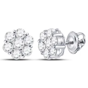 14K White Gold Round Diamond Flower Cluster Earrings 2.00 Cttw