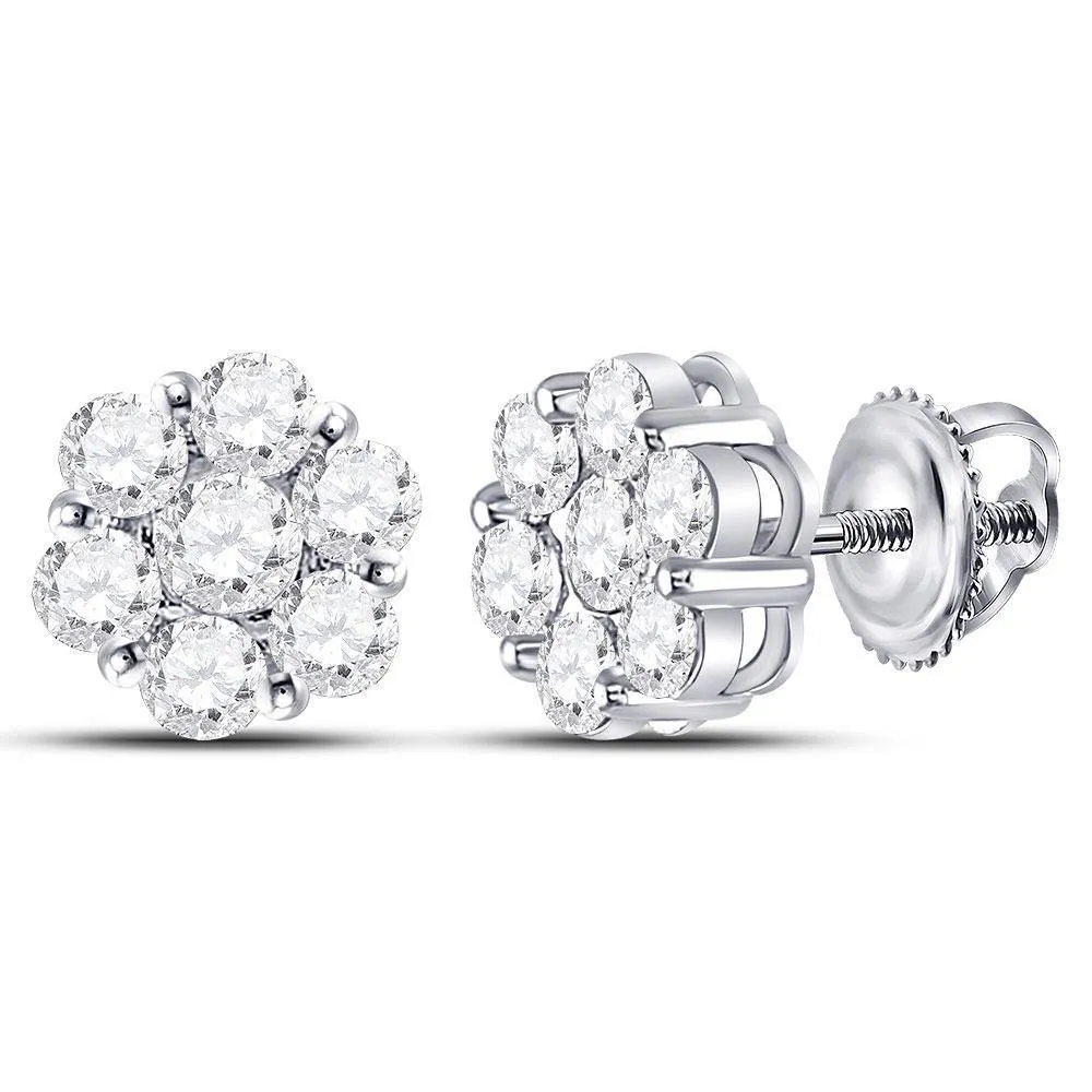 14K White Gold Round Diamond Flower Cluster Earrings 2.00 Cttw