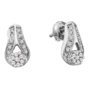 14K White Gold Round Diamond Flower Cluster Teardrop Earrings 1/4 Cttw