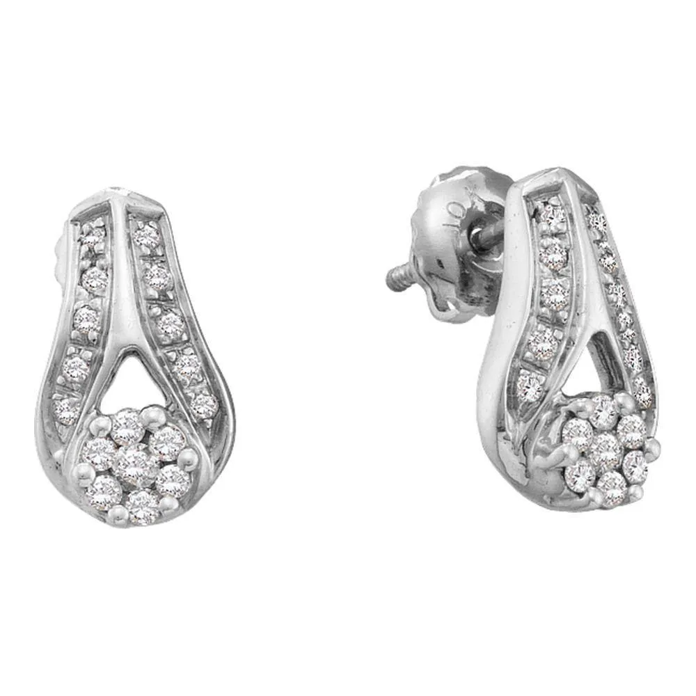14K White Gold Round Diamond Flower Cluster Teardrop Earrings 1/4 Cttw
