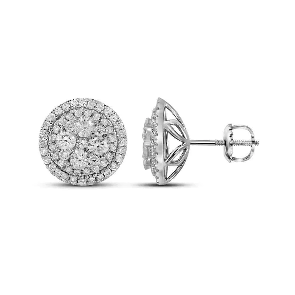 14K White Gold Round Diamond Framed Flower Cluster Earrings 1-3/4 Cttw