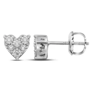 14K White Gold Round Diamond Heart Cluster Stud Earrings 1/3 Cttw