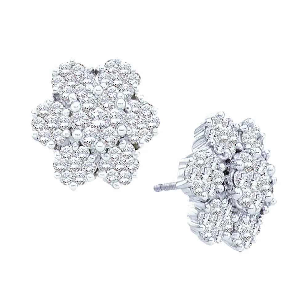 14K White Gold Round Diamond Large Flower Cluster Screwback Earrings 4.00 Cttw