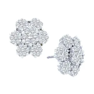 14K White Gold Round Diamond Large Flower Cluster Screwback Earrings 4.00 Cttw