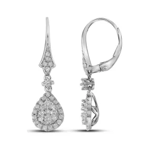 14K White Gold Round Diamond Teardrop Cluster Dangle Earrings 7/8 Cttw