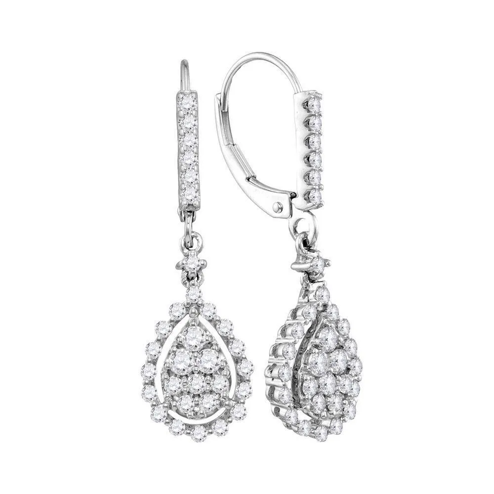 14K White Gold Round Diamond Teardrop Frame Cluster Dangle Earrings 7/8 Cttw