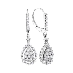 14K White Gold Round Diamond Teardrop Frame Cluster Dangle Earrings 7/8 Cttw