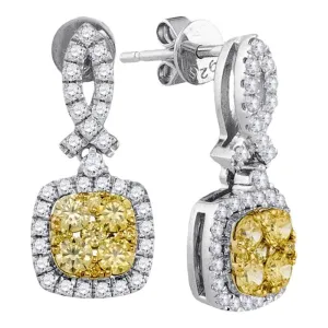 14K White Gold Round Yellow Diamond Square Frame Cluster Dangle Earrings 1-1/3 Cttw