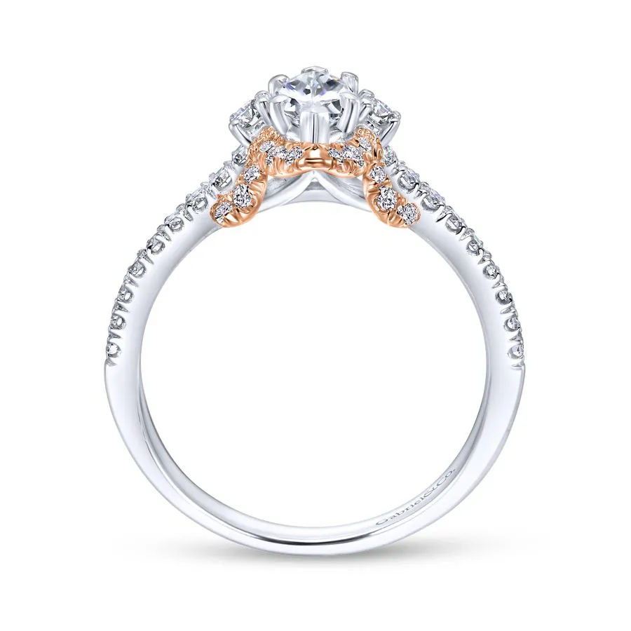 14K White-Rose Gold Marquise Halo Diamond Engagement Ring