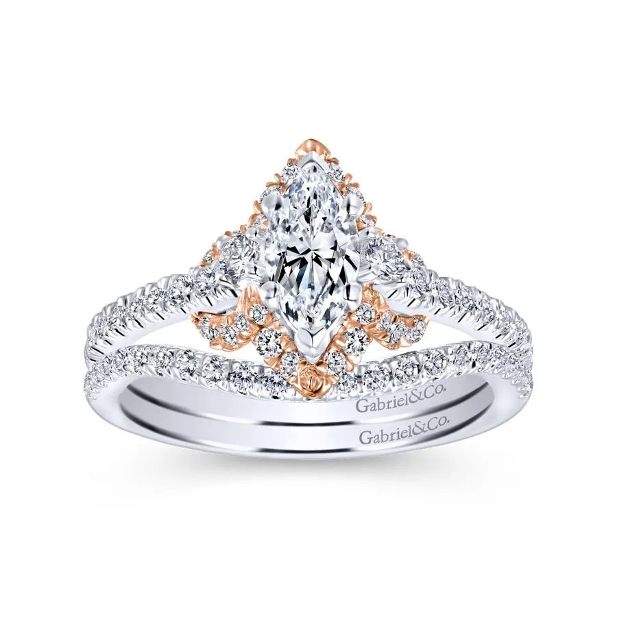 14K White-Rose Gold Marquise Halo Diamond Engagement Ring