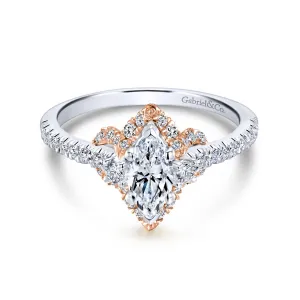 14K White-Rose Gold Marquise Halo Diamond Engagement Ring