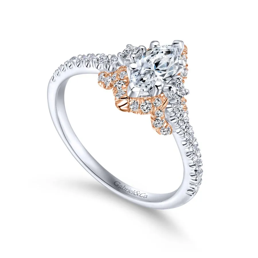 14K White-Rose Gold Marquise Halo Diamond Engagement Ring