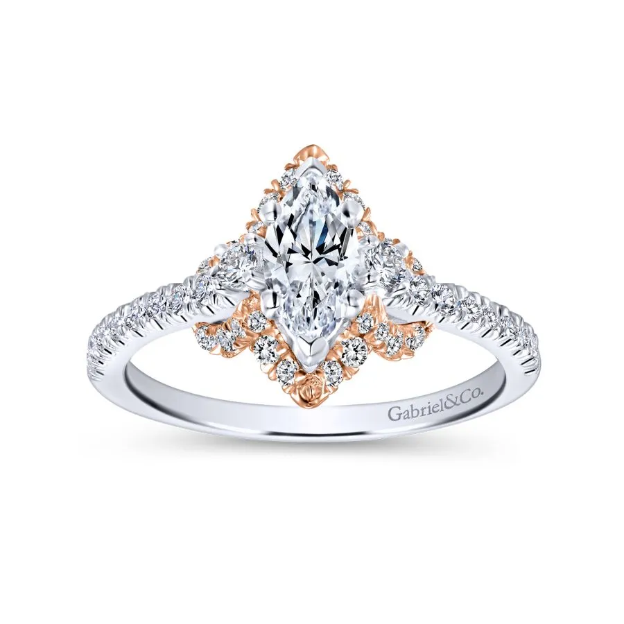 14K White-Rose Gold Marquise Halo Diamond Engagement Ring